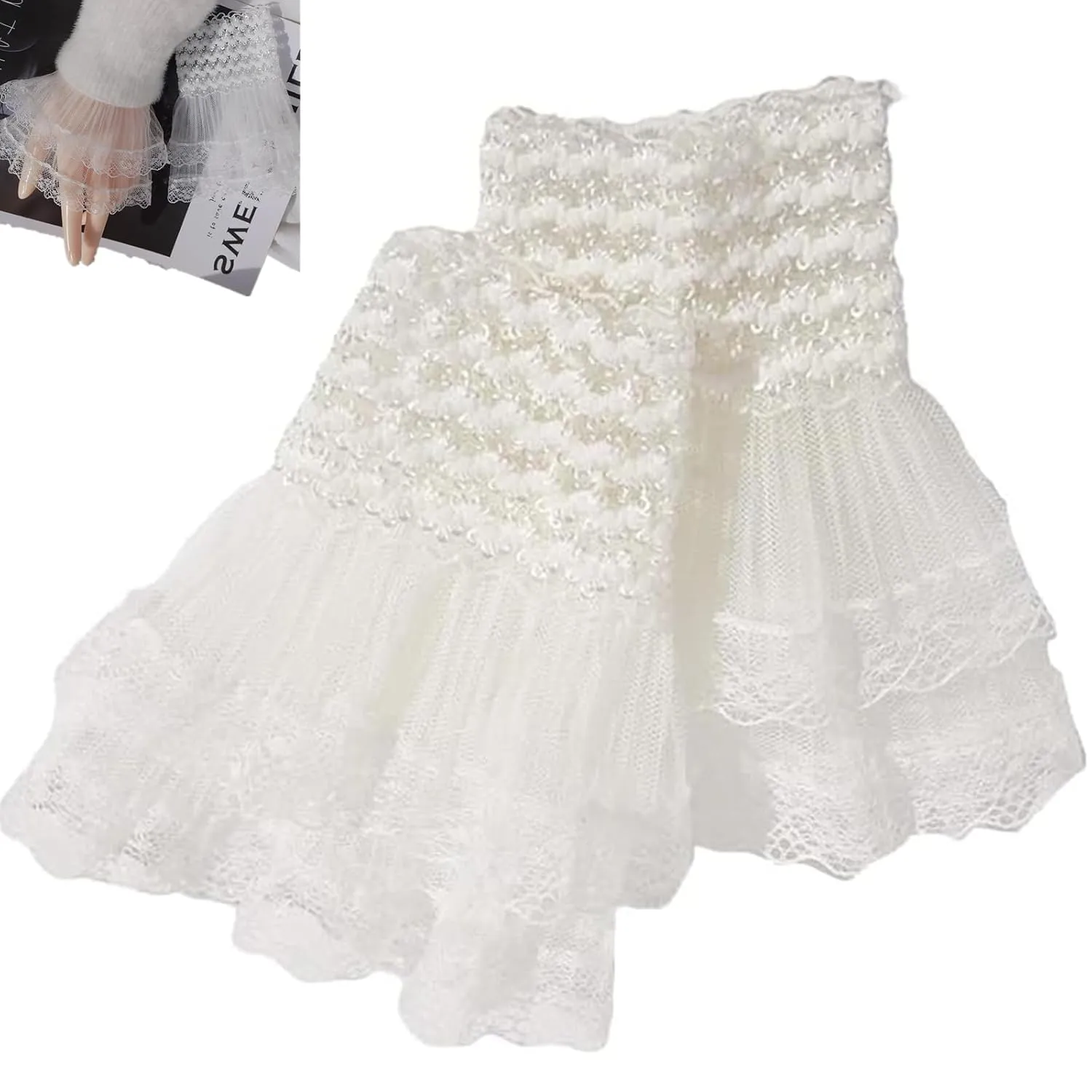 1 Pair Nail Art Photo Shoot Cuffs, Lolita Lace Gloves Women's Floral Lace Short Wrist Cuff for Wedding Masquerade, White