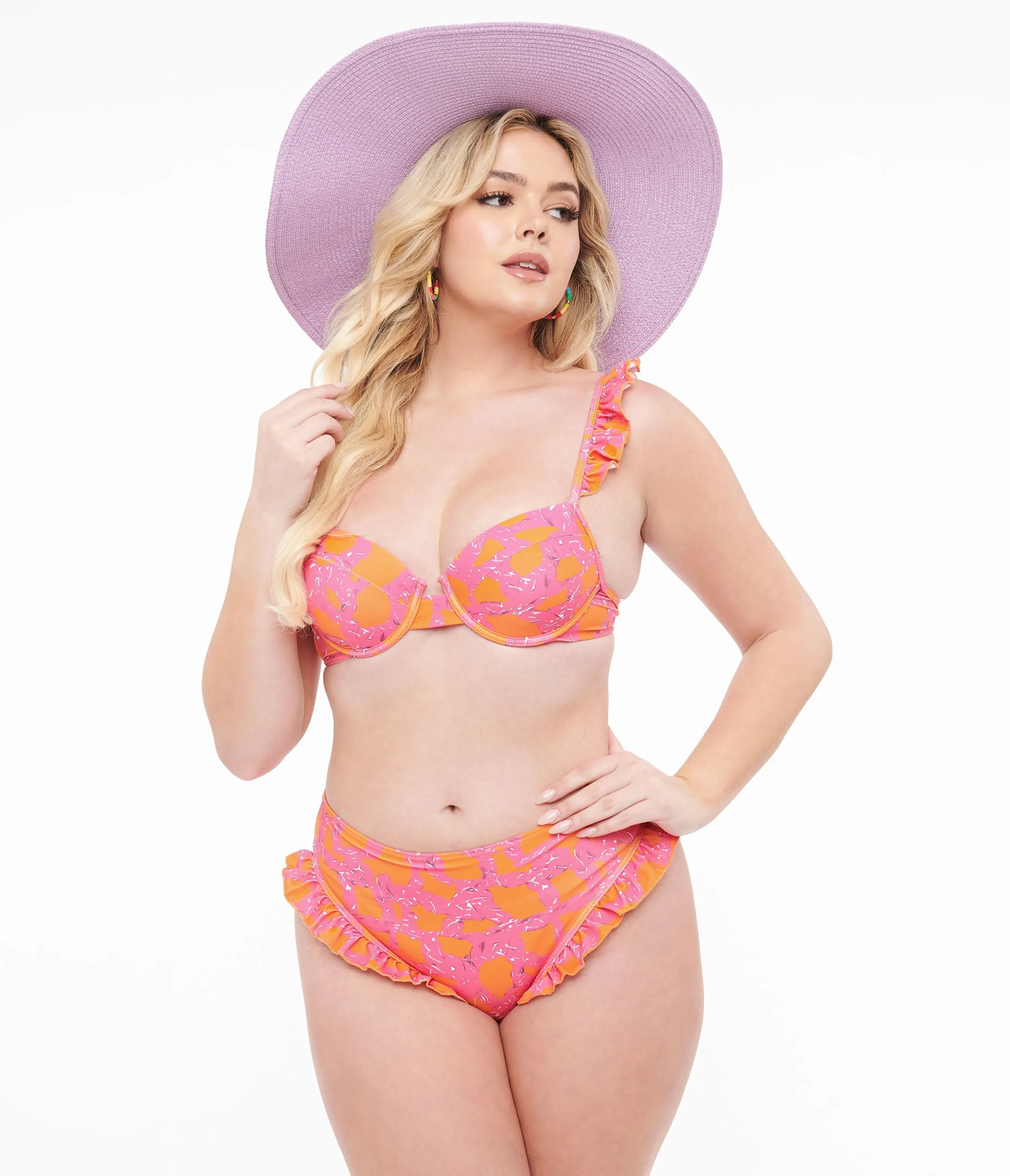 1970s Neon Pink & Neon Orange Two Piece Swimsuit Set & Coverup Skirt