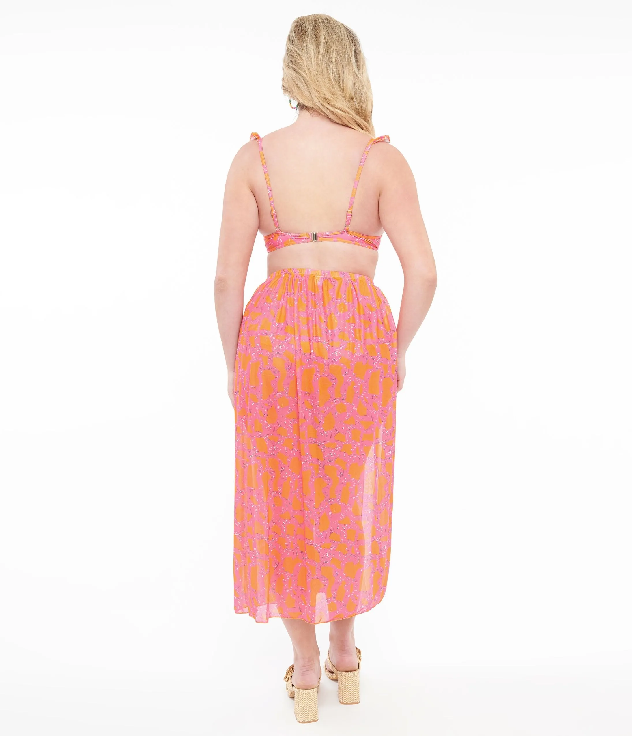 1970s Neon Pink & Neon Orange Two Piece Swimsuit Set & Coverup Skirt