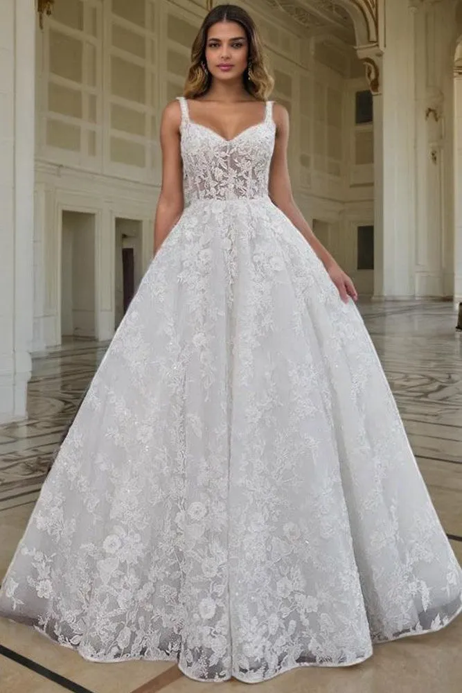 A Line Ivory Sleeveless Spaghetti Straps Wedding Gown