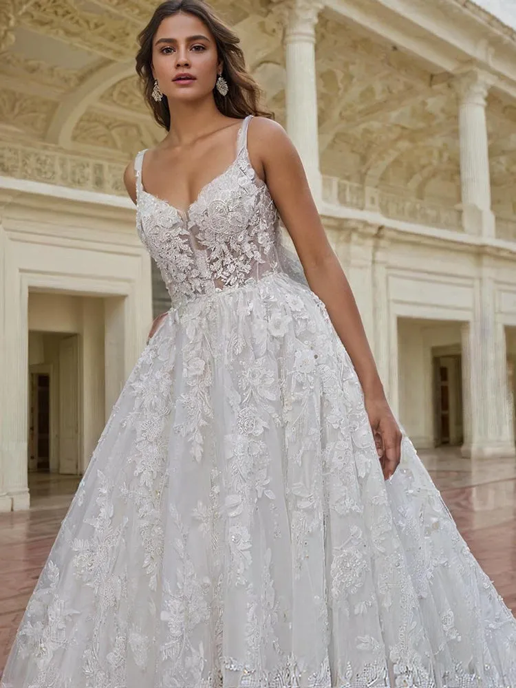 A Line Ivory Sleeveless Spaghetti Straps Wedding Gown