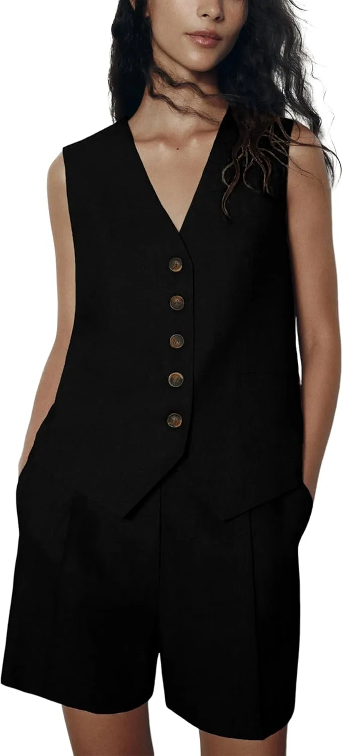 Athlisan Womens Two Piece Outfits Casual Bussiness Vest Sleeveless V Neck Button Front Waistcoat High Waist Shorts