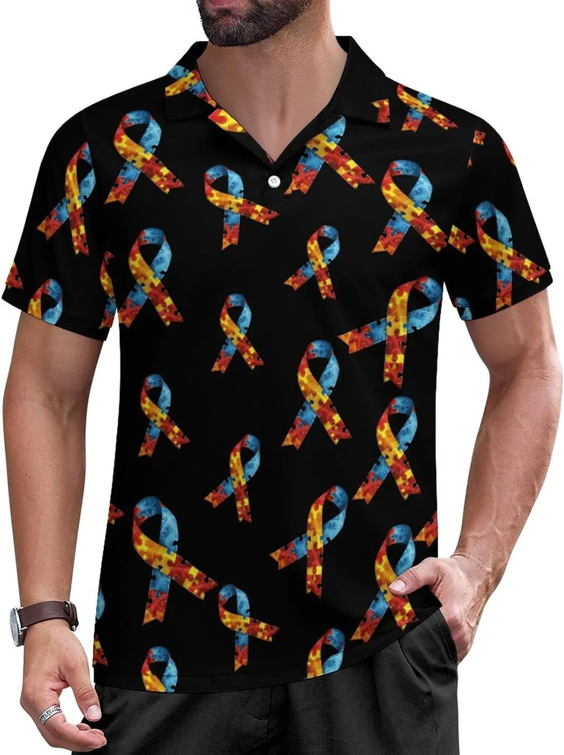Autism Awareness with Ribbon Mens Polo Shirts Short Sleeve Mesh Gym T-Shirt Summer Tee Top