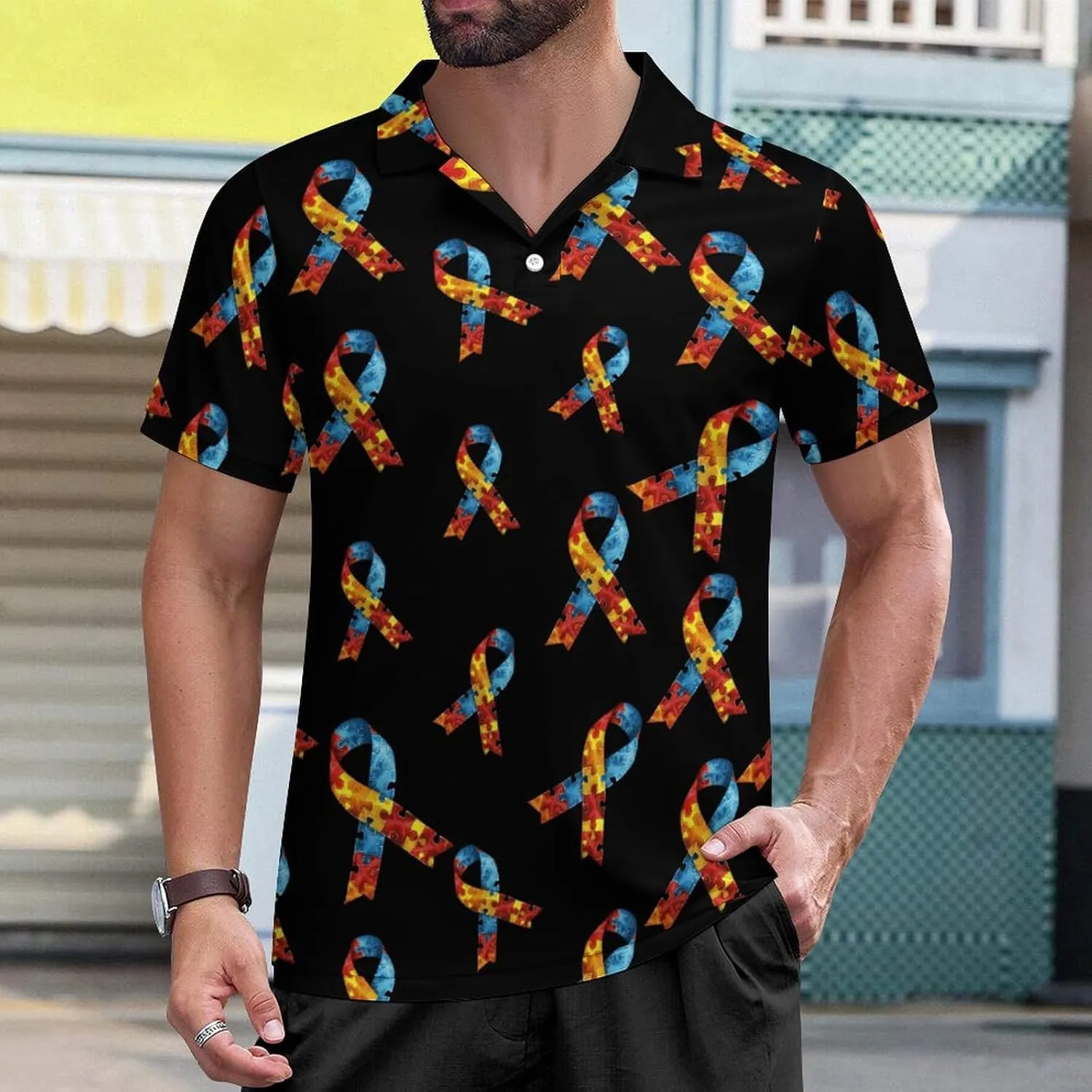 Autism Awareness with Ribbon Mens Polo Shirts Short Sleeve Mesh Gym T-Shirt Summer Tee Top