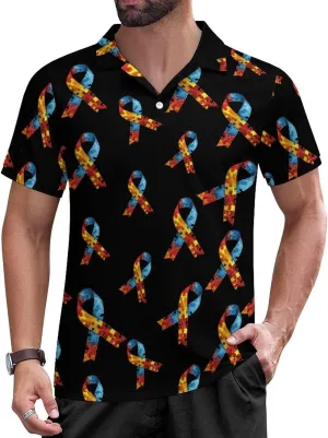 Autism Awareness with Ribbon Mens Polo Shirts Short Sleeve Mesh Gym T-Shirt Summer Tee Top
