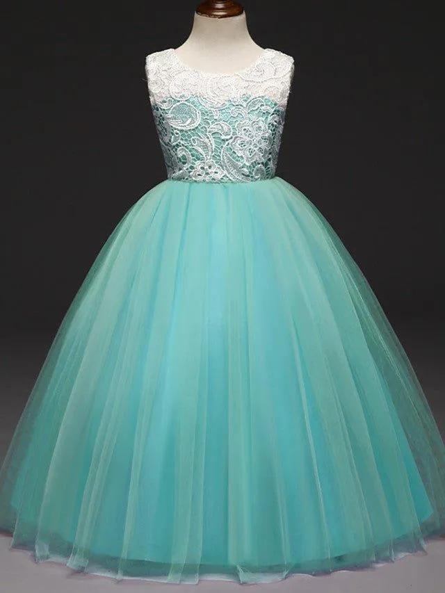 Ball Gown Lace Tulle Sleeveless Jewel Neck Wedding Party Flower Girl Dresses