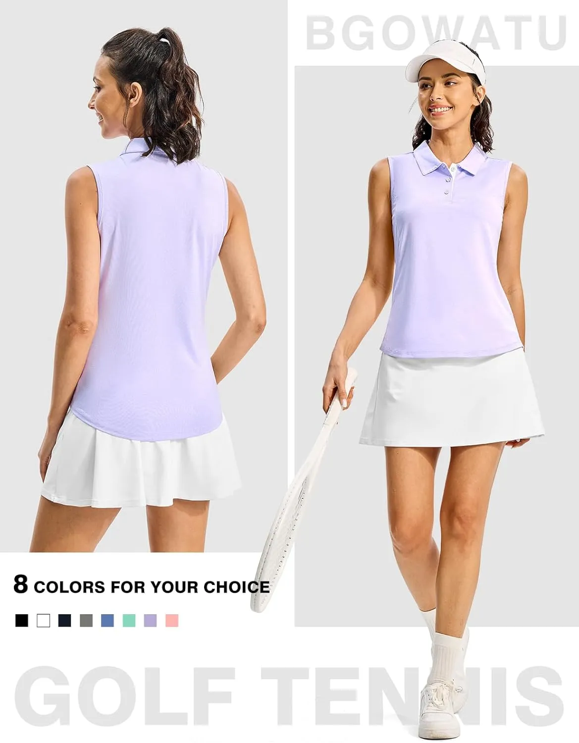 BGOWATU Women's Golf Shirts Sleeveless Polo Shirts Collared 3 Buttons Tennis Tank Tops UV Protection Quick Dry