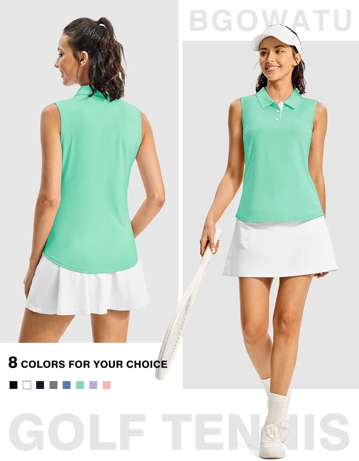 BGOWATU Women's Golf Shirts Sleeveless Polo Shirts Collared 3 Buttons Tennis Tank Tops UV Protection Quick Dry