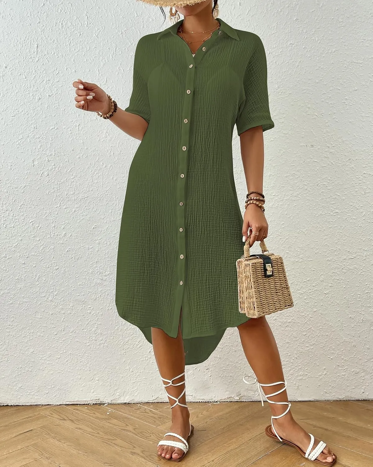 Bsubseach 2025 Cotton Beach Cover Up for Women - Long Button Down Swimsuit Coverup Bathing Suit Shirt Dress Vacation Outfits