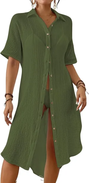 Bsubseach 2025 Cotton Beach Cover Up for Women - Long Button Down Swimsuit Coverup Bathing Suit Shirt Dress Vacation Outfits