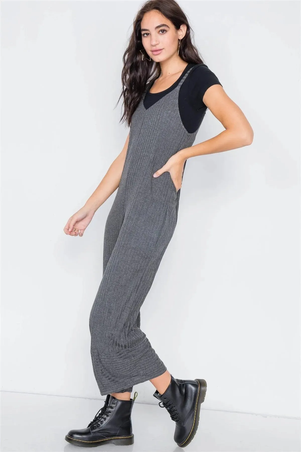 Charcoal V-Neck Ribbed Knit Gaucho Jumpsuit /3-2-1