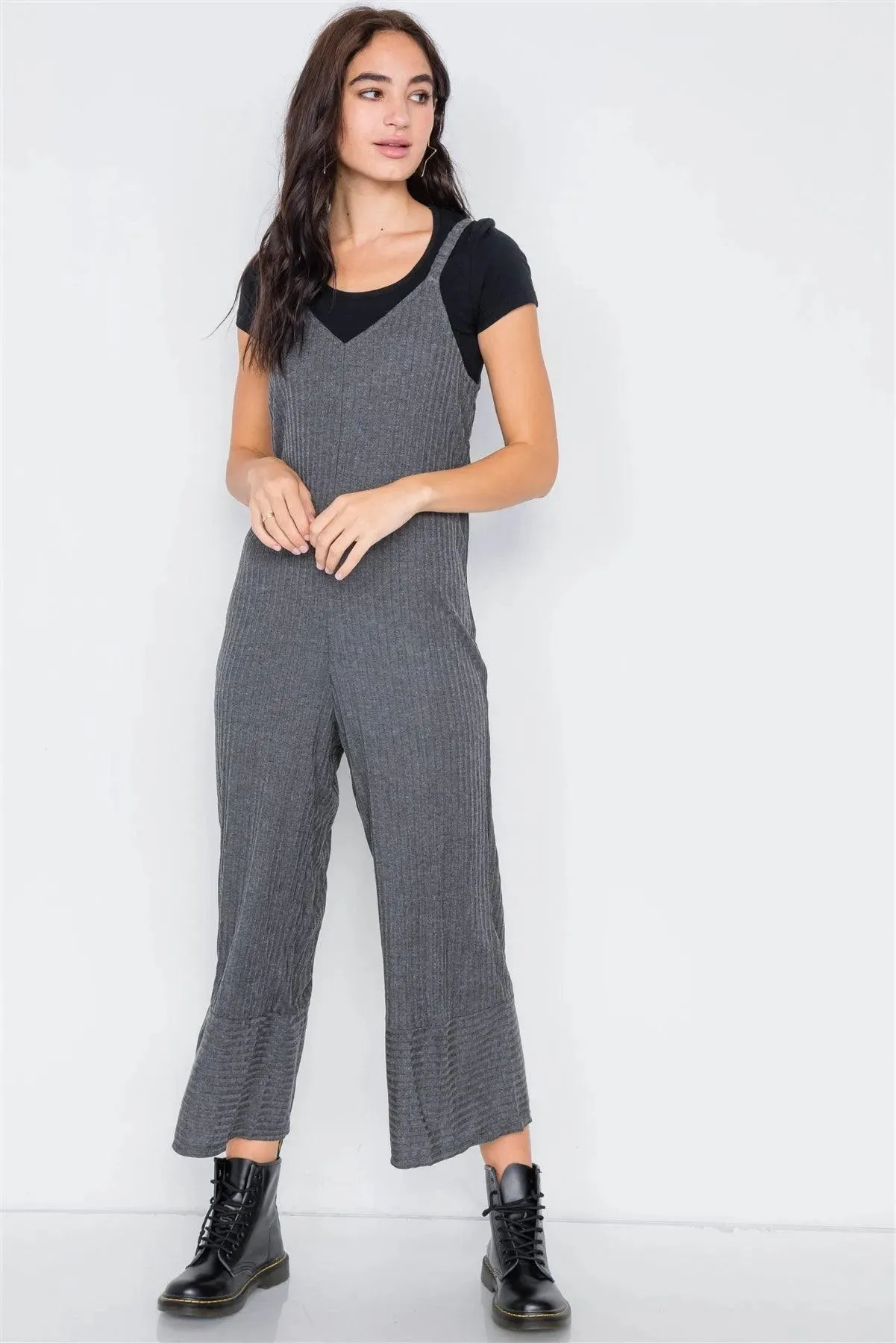 Charcoal V-Neck Ribbed Knit Gaucho Jumpsuit /3-2-1