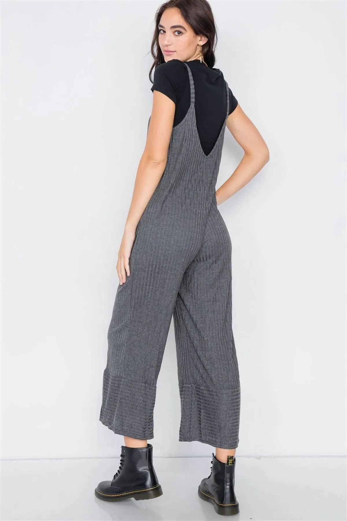 Charcoal V-Neck Ribbed Knit Gaucho Jumpsuit /3-2-1