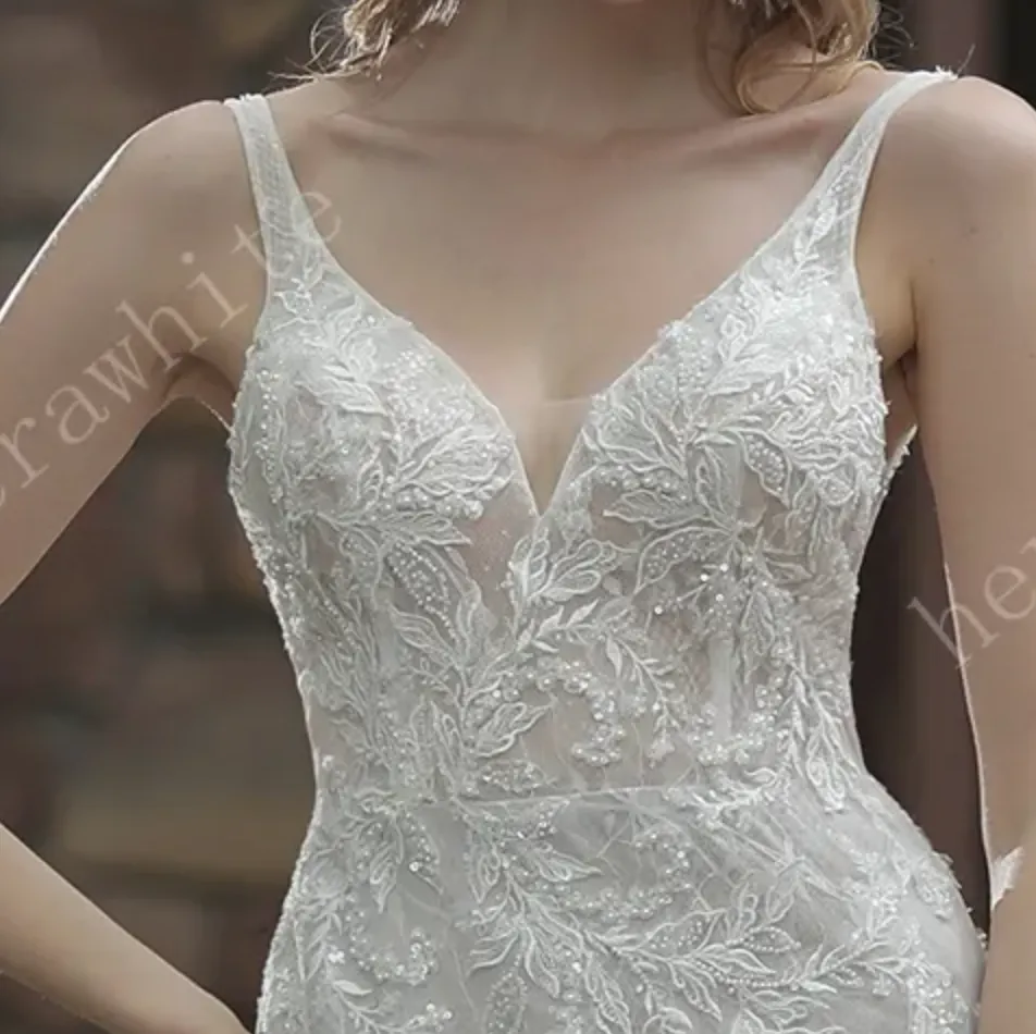 Classic V Neck Allover Lace Fit and Flare Wedding Dress