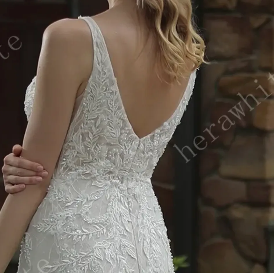 Classic V Neck Allover Lace Fit and Flare Wedding Dress