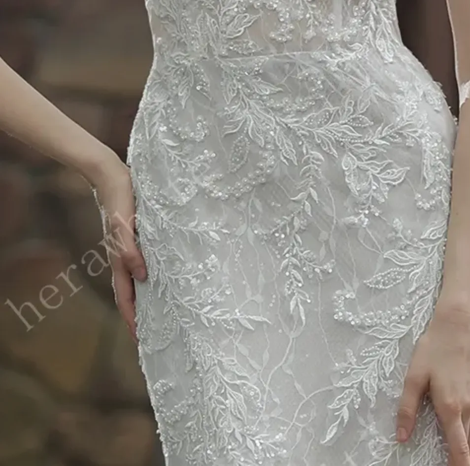 Classic V Neck Allover Lace Fit and Flare Wedding Dress