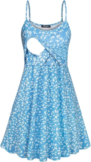 connche Floral Maternity Summer Dress Spaghetti Strap Nursing Breastfeeding