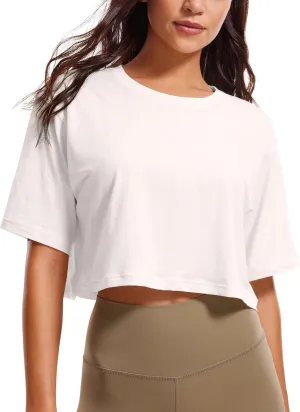 CRZ YOGA Women's Pima Cotton Workout Crop Tops Short Sleeve Yoga Shirts Casual Athletic Running T-Shirts