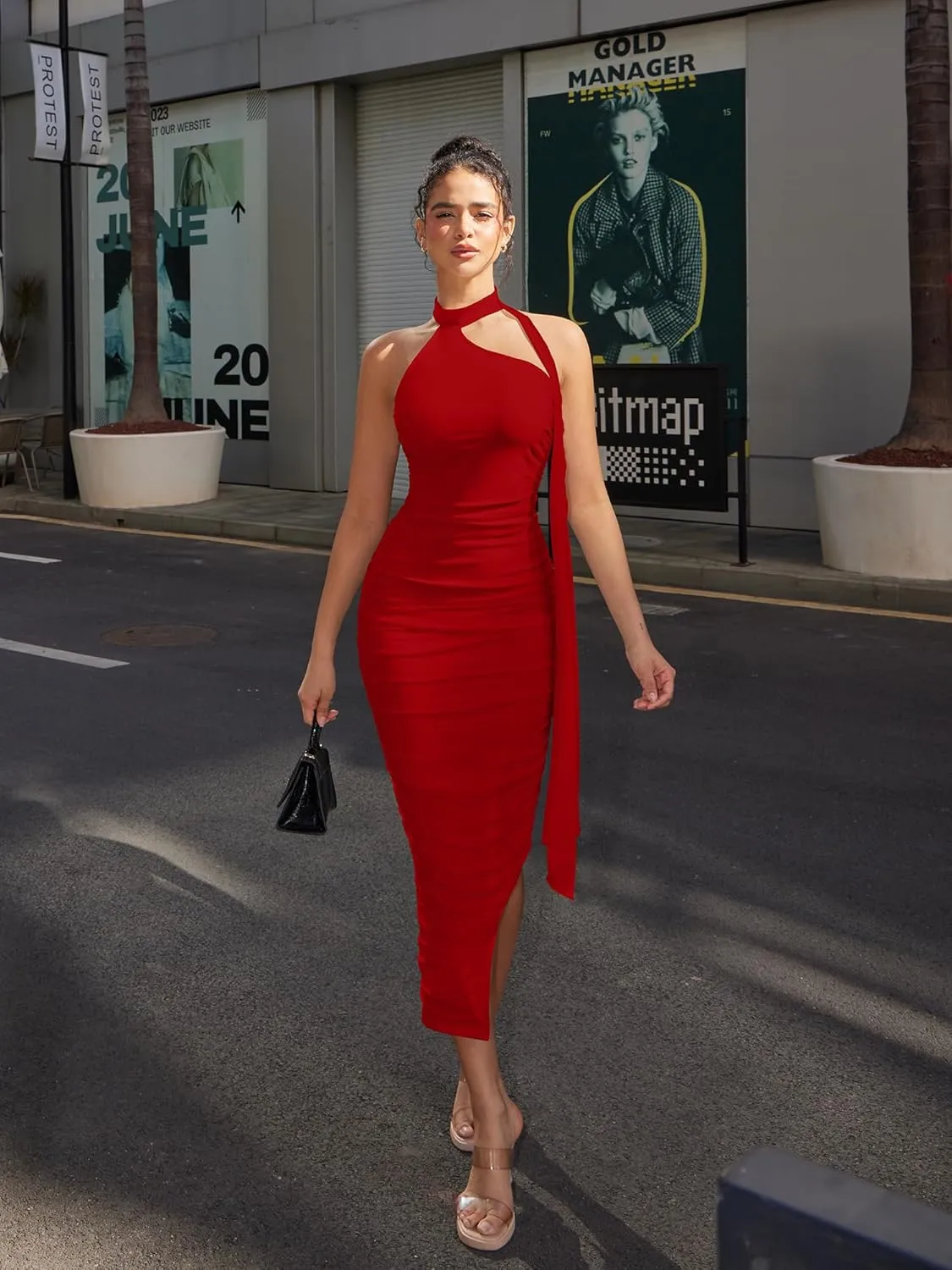 DAAWENXI Women's Sexy Sleeveless Ruched Slit Midi Dress Halter Mesh Bodycon Party Club Dresses