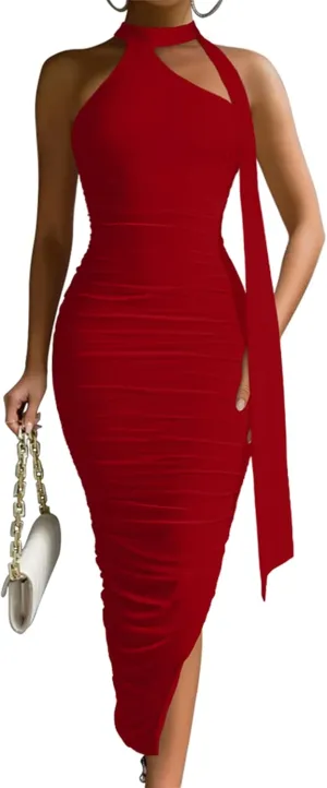 DAAWENXI Women's Sexy Sleeveless Ruched Slit Midi Dress Halter Mesh Bodycon Party Club Dresses