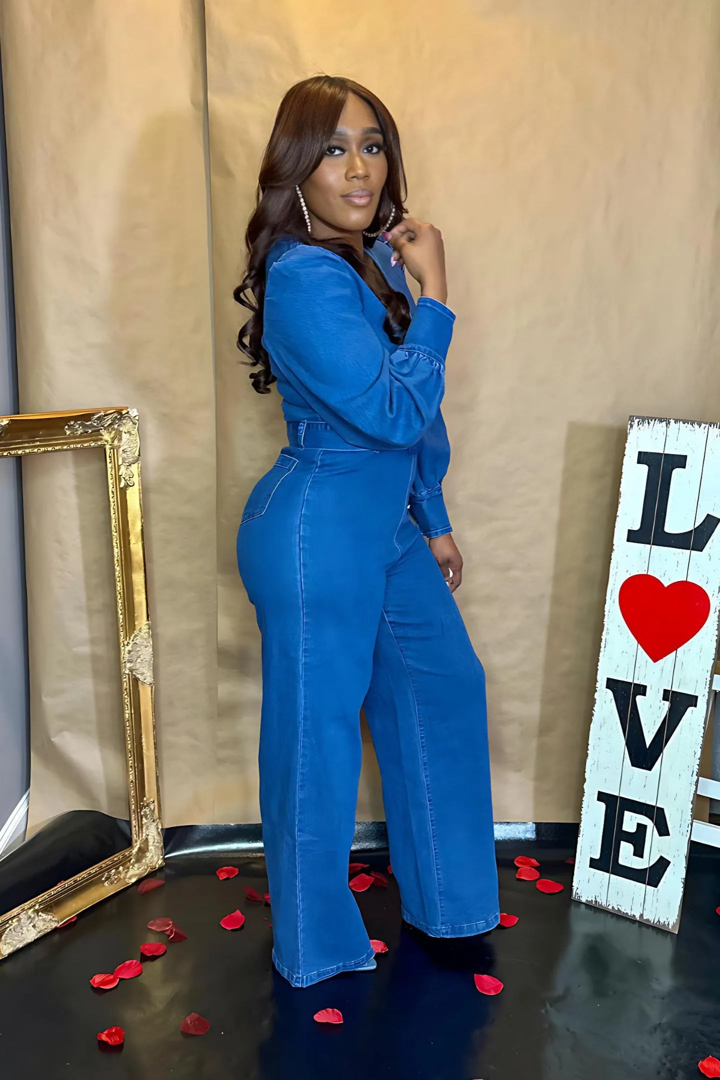 DENIM PUFF SLEEVE JUMPSUIT