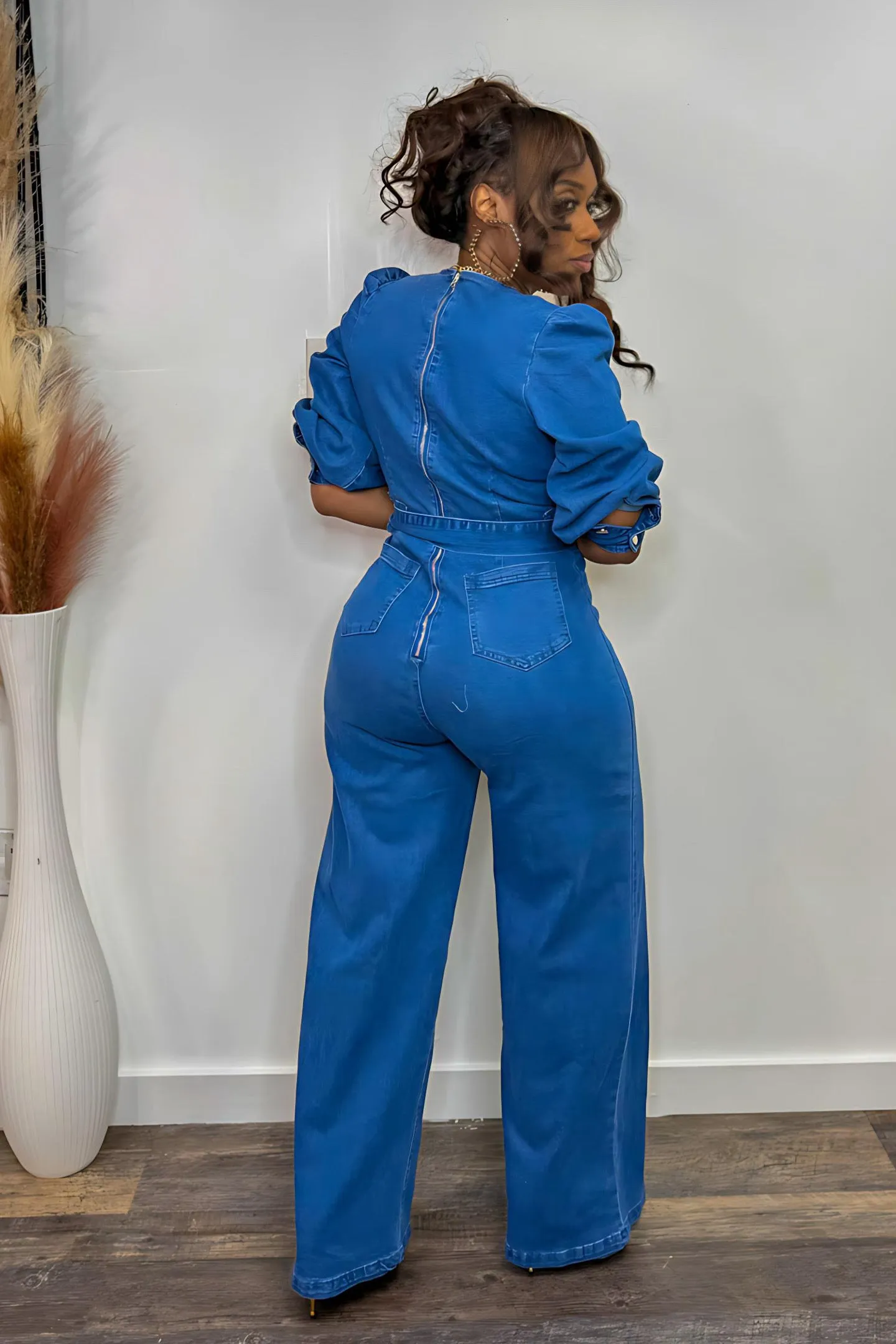 DENIM PUFF SLEEVE JUMPSUIT