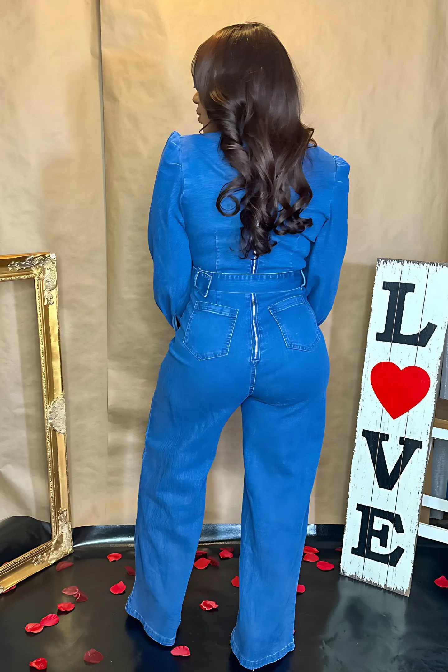DENIM PUFF SLEEVE JUMPSUIT