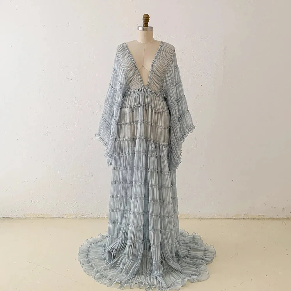 Elegant Bohemian Maternity Dress V-neck Long Sleeve Chiffon Photography Dress