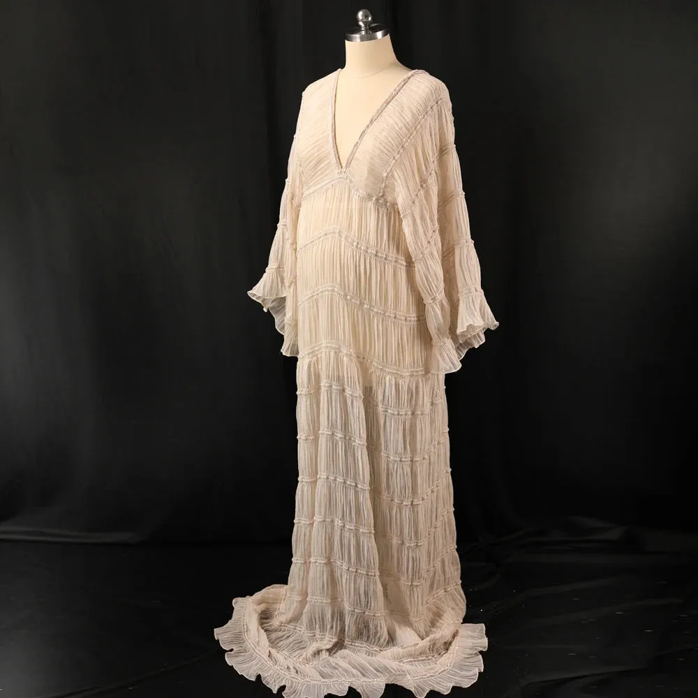 Elegant Bohemian Maternity Dress V-neck Long Sleeve Chiffon Photography Dress