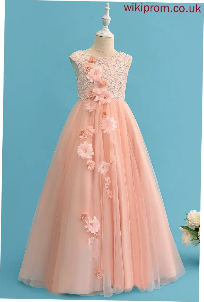 Floor-length Girl Tulle/Lace Sleeveless Flower Gina With - Dress Neck Flower Girl Dresses Scoop Ball-Gown/Princess Beading/Flower(s)