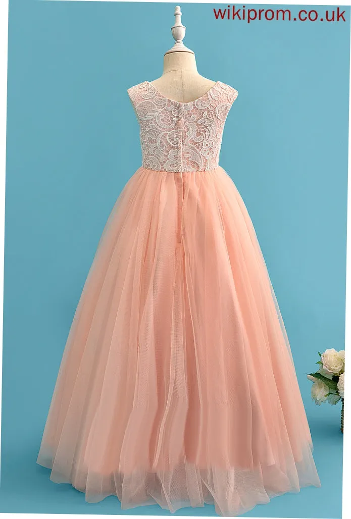 Floor-length Girl Tulle/Lace Sleeveless Flower Gina With - Dress Neck Flower Girl Dresses Scoop Ball-Gown/Princess Beading/Flower(s)