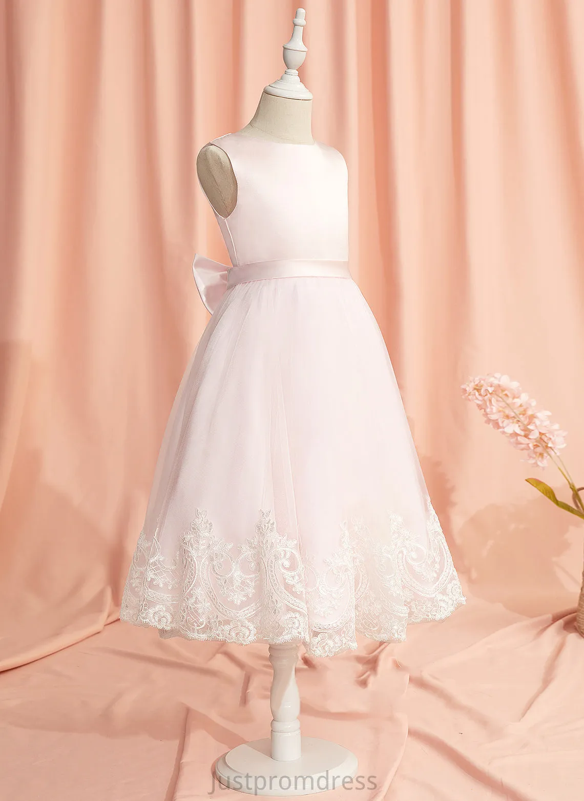 Flower Dress With Neck Lace/Bow(s) Scoop Gwendoline Girl Sleeveless Tea-length Ball-Gown/Princess Flower Girl Dresses Satin/Tulle -