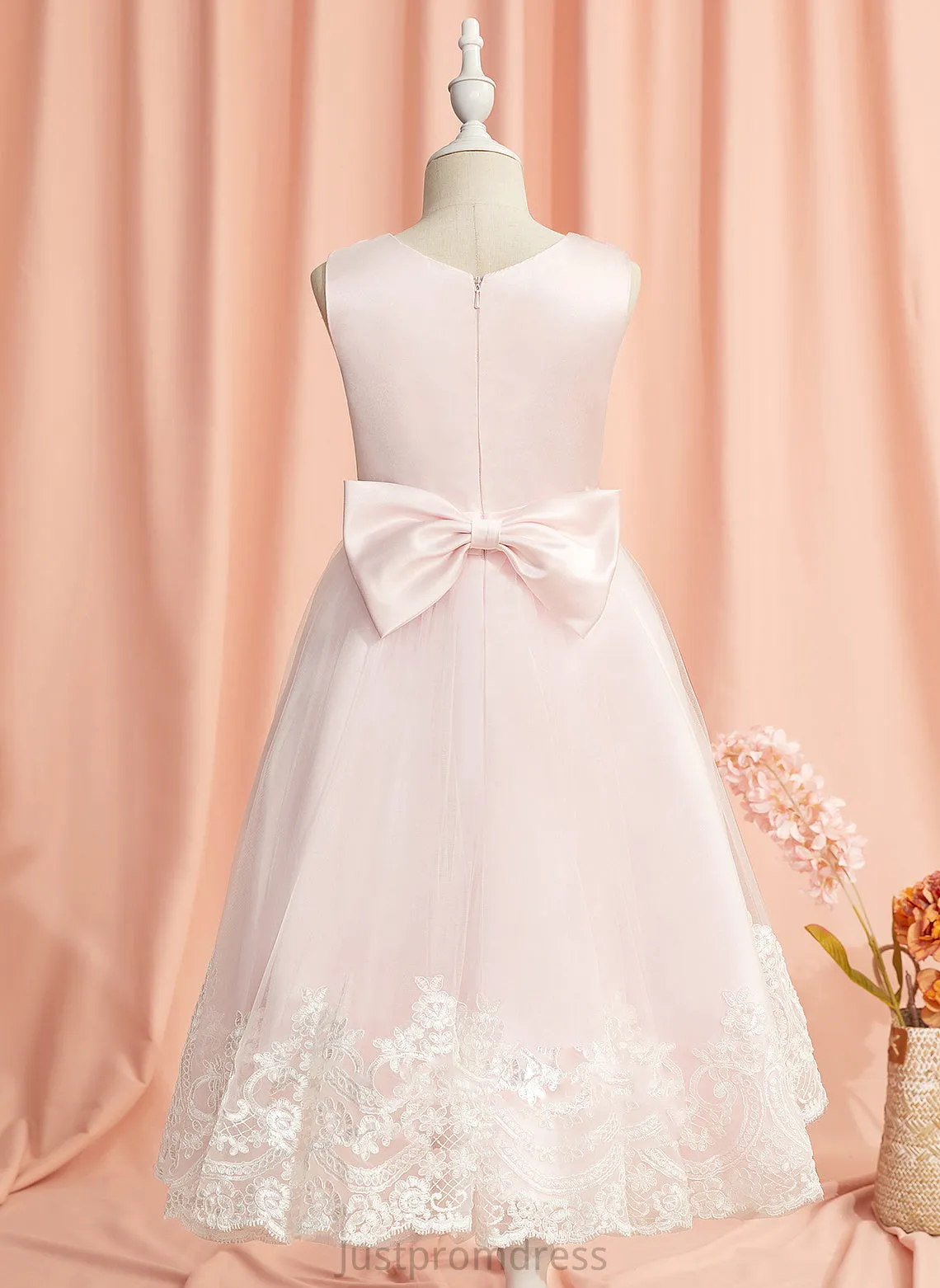 Flower Dress With Neck Lace/Bow(s) Scoop Gwendoline Girl Sleeveless Tea-length Ball-Gown/Princess Flower Girl Dresses Satin/Tulle -