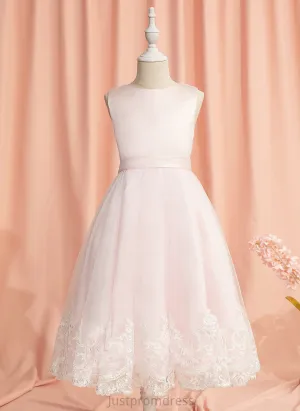 Flower Dress With Neck Lace/Bow(s) Scoop Gwendoline Girl Sleeveless Tea-length Ball-Gown/Princess Flower Girl Dresses Satin/Tulle -