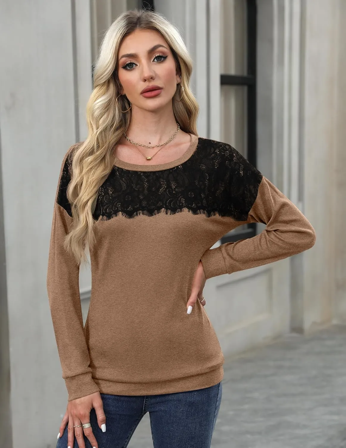 For G and PL Women's 2024 Fall Winter Long Sleeve Crewneck Lace Top Shirt Dressy Casual Elegant Sweatshirt