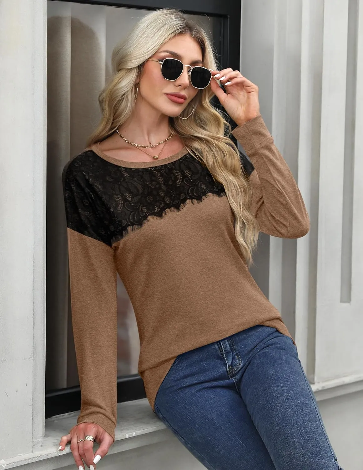 For G and PL Women's 2024 Fall Winter Long Sleeve Crewneck Lace Top Shirt Dressy Casual Elegant Sweatshirt