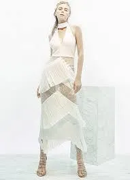Fringed Lace White Halter Gown