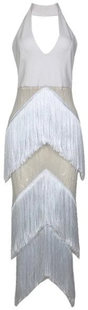 Fringed Lace White Halter Gown