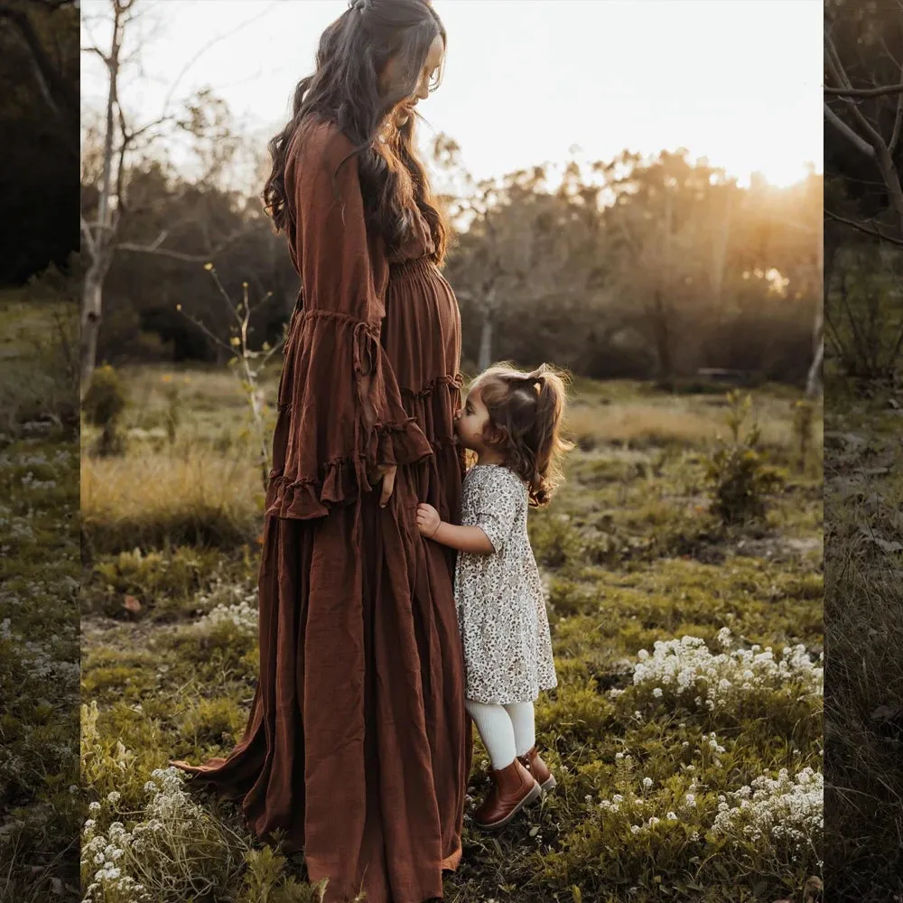 Graceful Floor-Length Maternity Portrait Gown Cotton Linen Dress