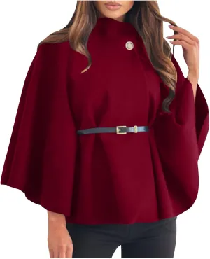 HGps8w Winter Coats for Women Elegant Stand Collar Wool Blend Batwing Poncho Cape Jacket Outerwear with Belt