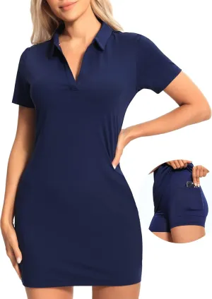 Hiverlay Women's Tennis Dress with Shorts Underneath and Pockets V Neck Collar Sports Athletic Workout Sleeveless Dress