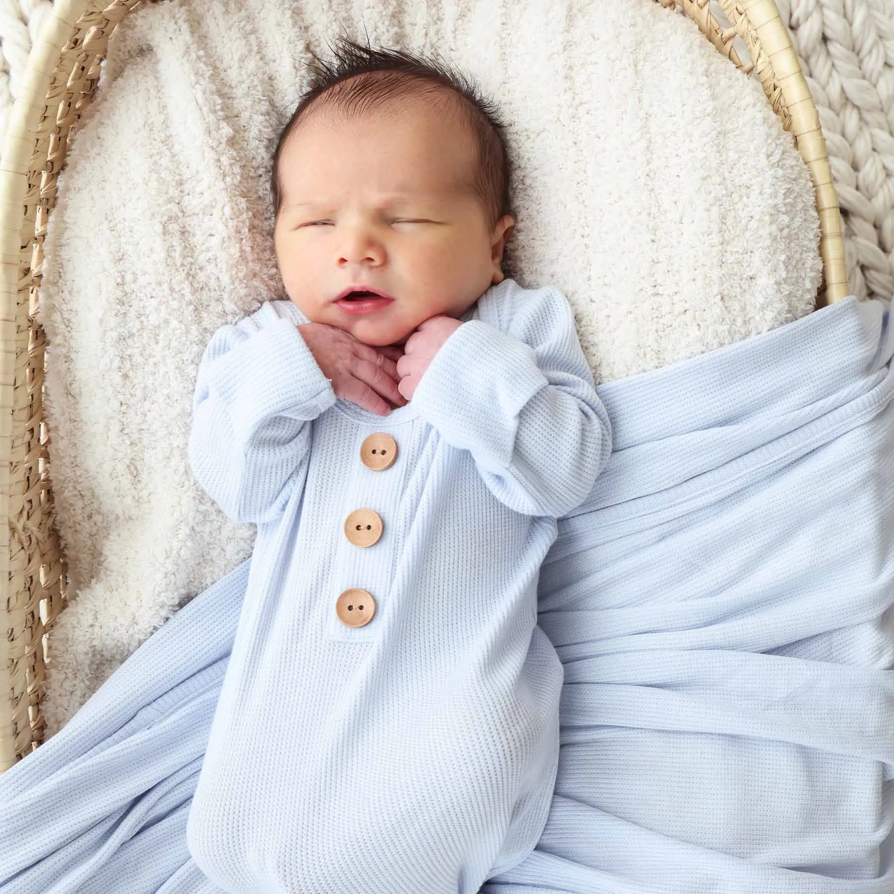 Ice Blue Waffle Bamboo Newborn Baby Knot Gown & Hat Set