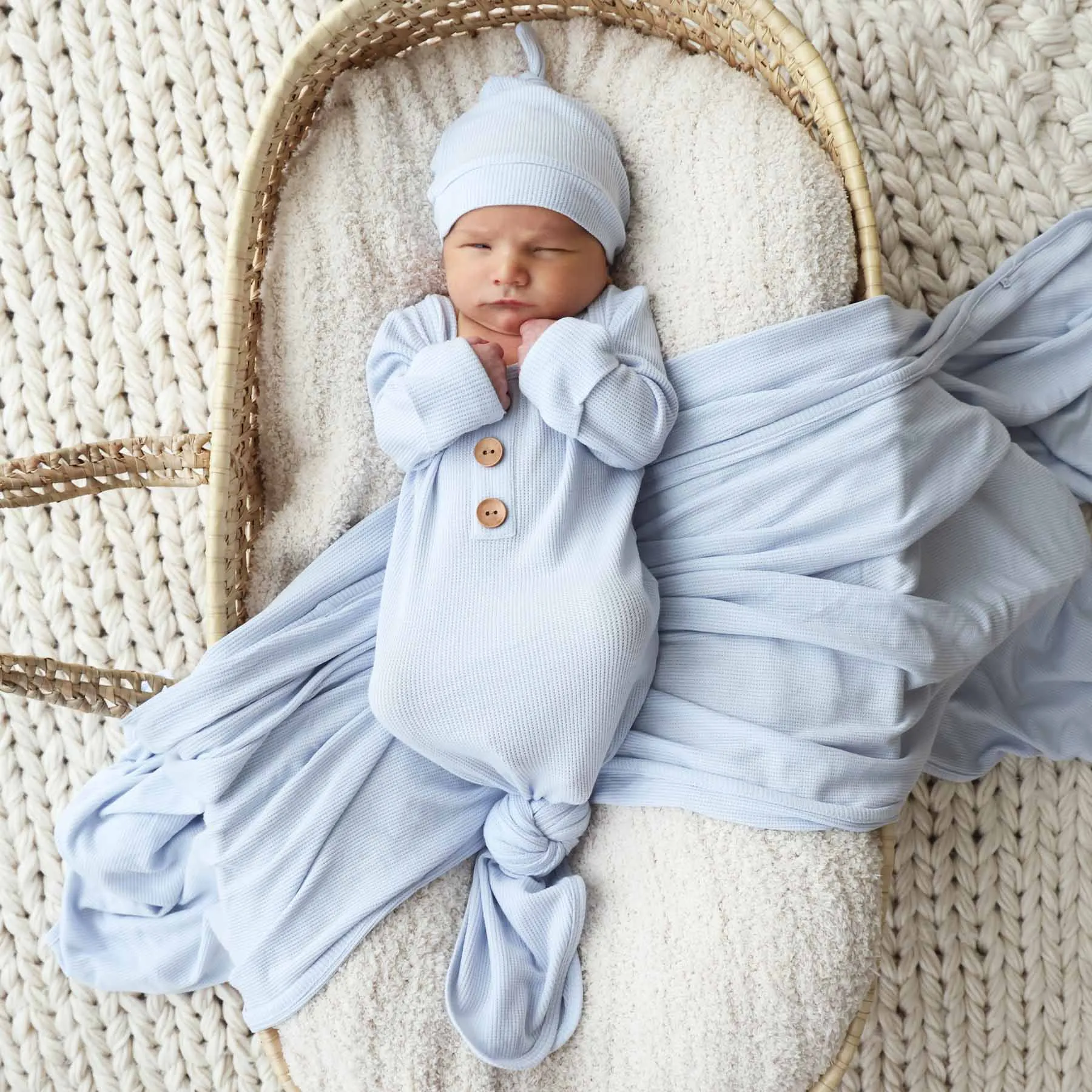 Ice Blue Waffle Bamboo Newborn Baby Knot Gown & Hat Set