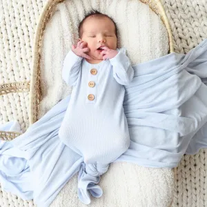 Ice Blue Waffle Bamboo Newborn Baby Knot Gown & Hat Set