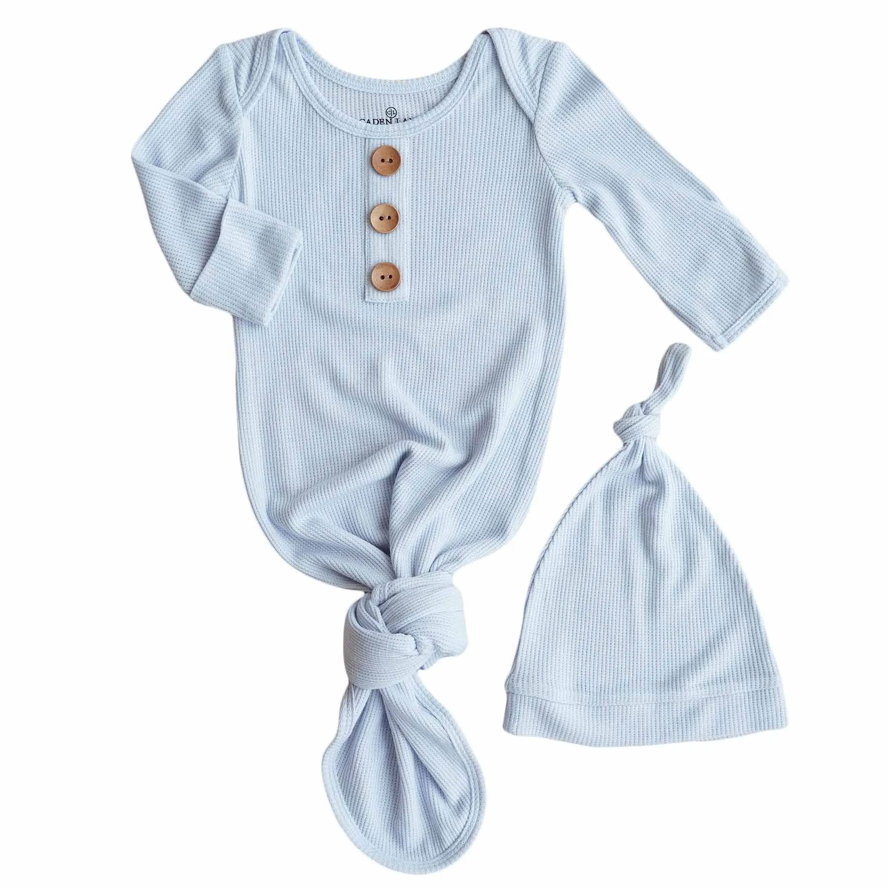 Ice Blue Waffle Bamboo Newborn Baby Knot Gown & Hat Set