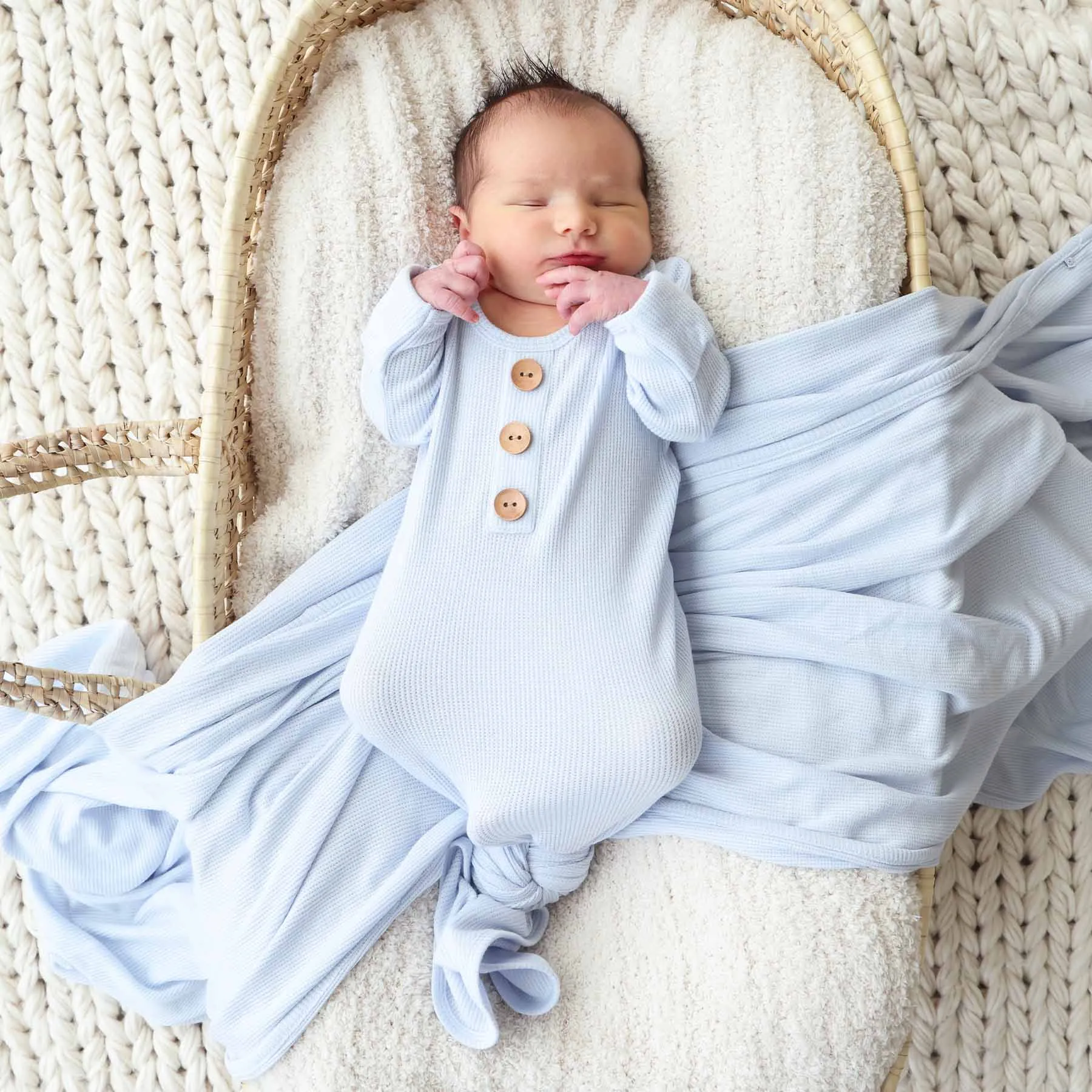 Ice Blue Waffle Bamboo Newborn Baby Knot Gown & Hat Set