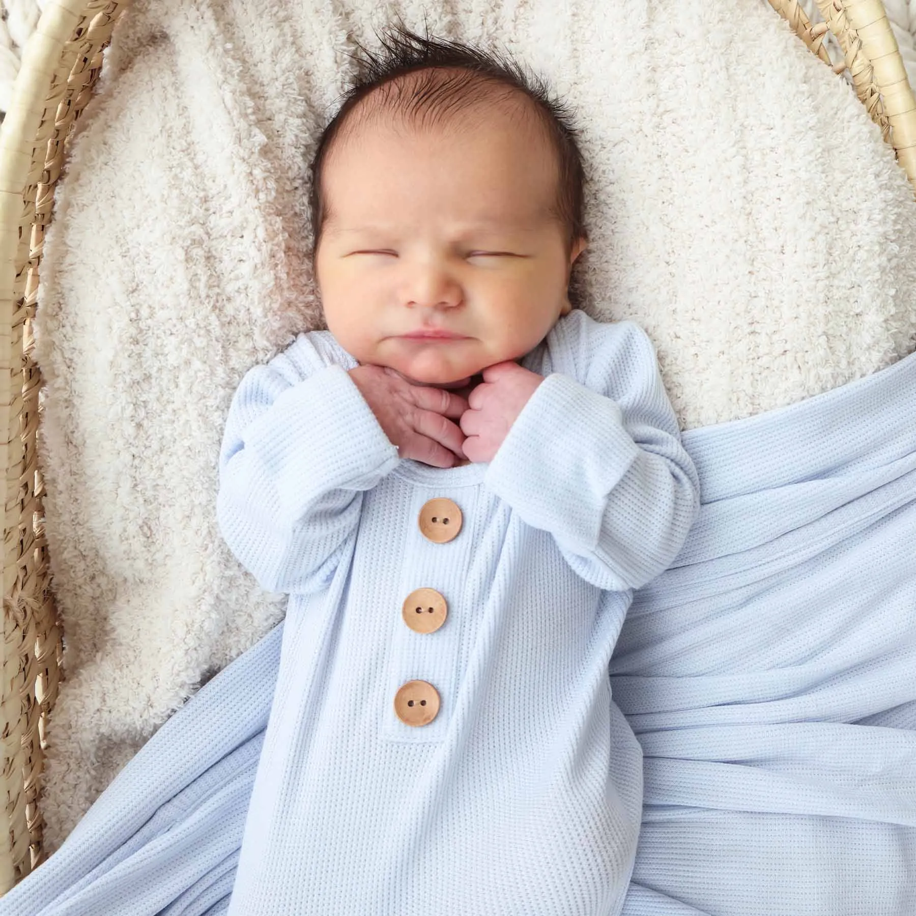 Ice Blue Waffle Bamboo Newborn Baby Knot Gown & Hat Set