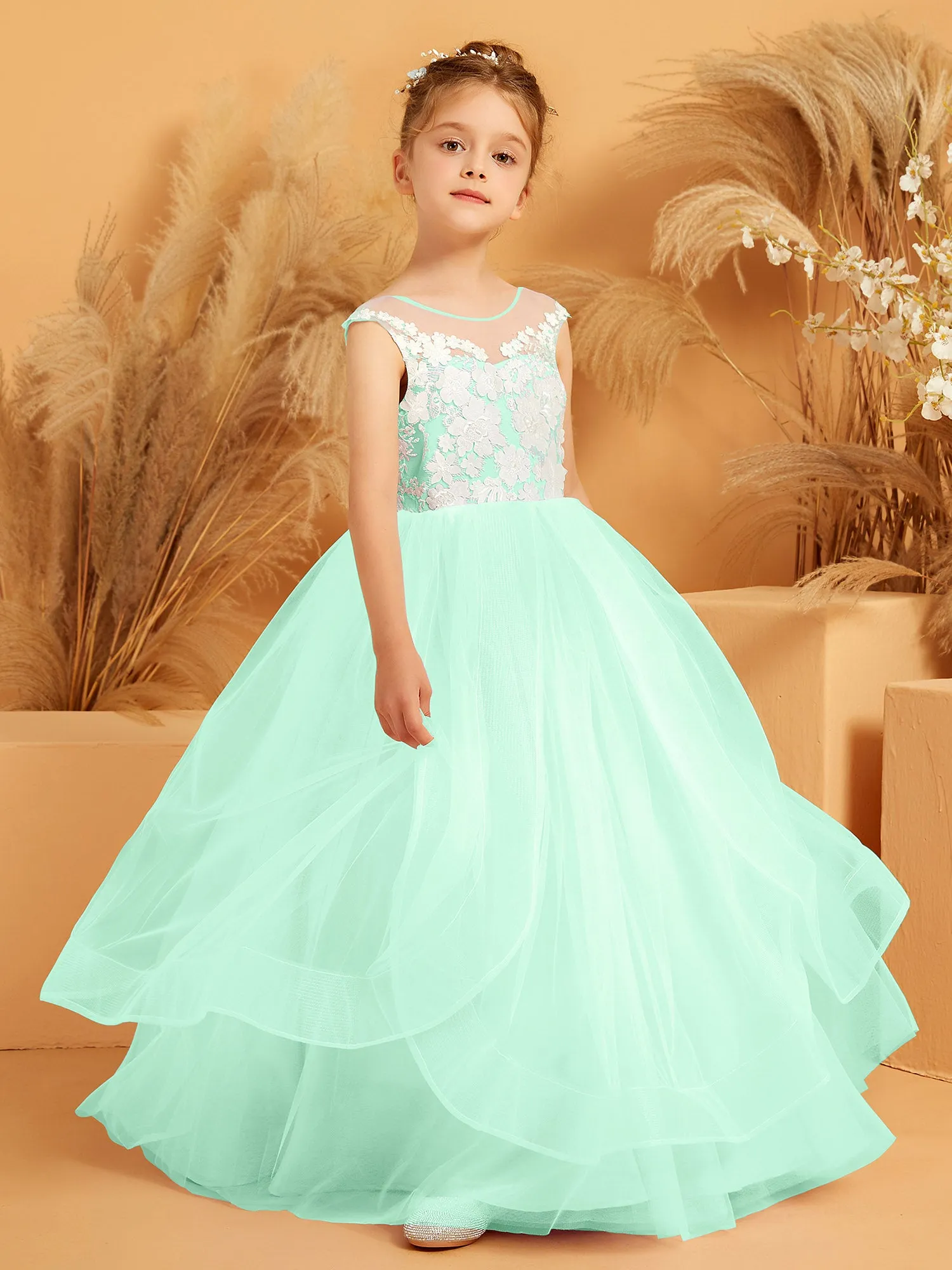 Illusion Lace Applique Tulle Flower Girl Ball Gown Mint Green