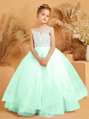 Illusion Lace Applique Tulle Flower Girl Ball Gown Mint Green