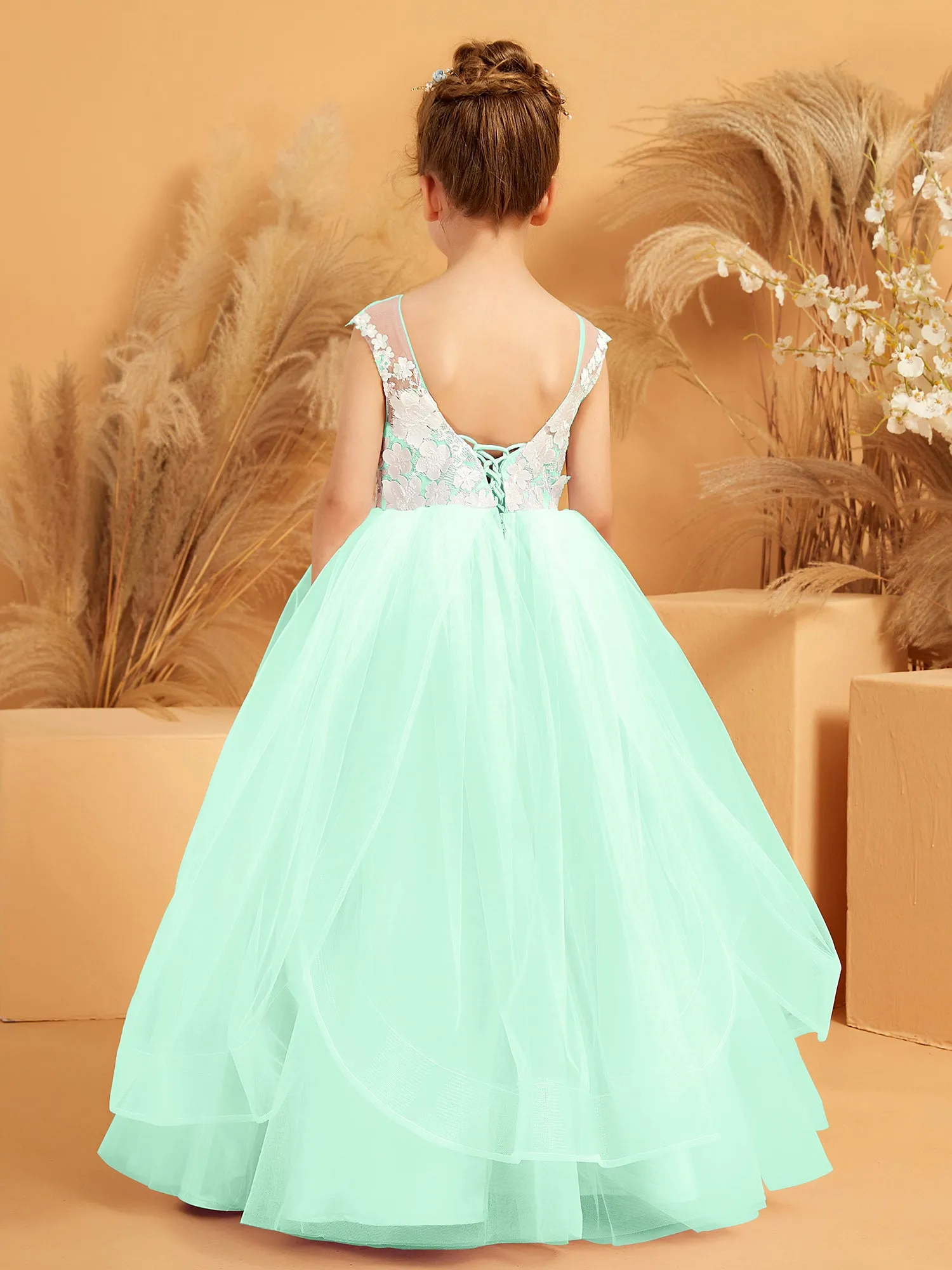 Illusion Lace Applique Tulle Flower Girl Ball Gown Mint Green